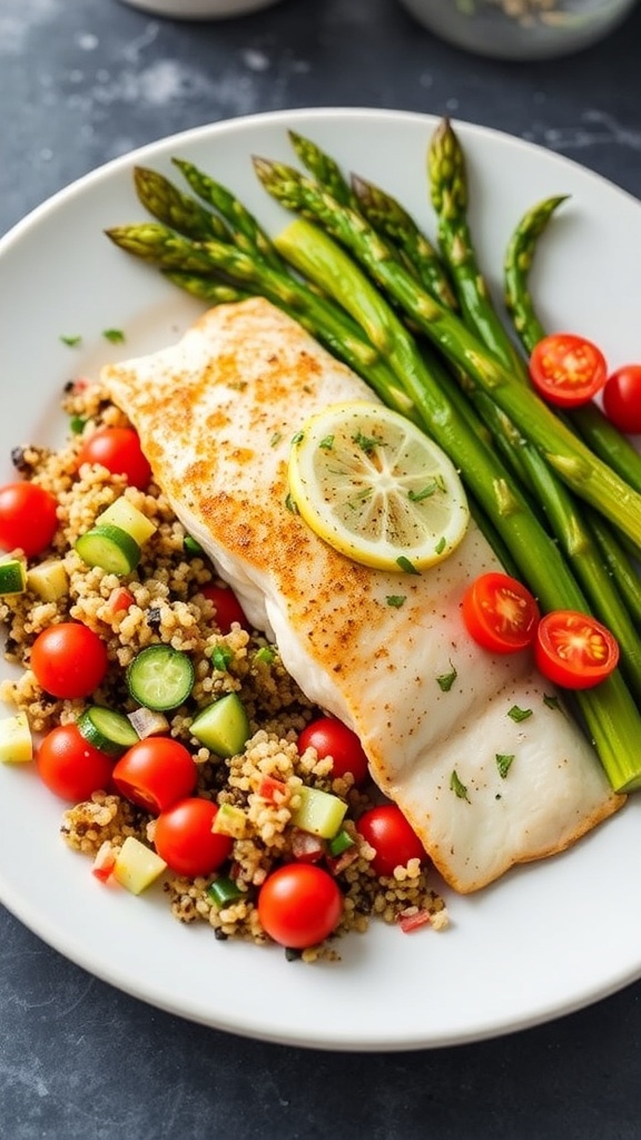 A delicious tilapia meal with lemon garlic tilapia, roasted asparagus, and quinoa salad.